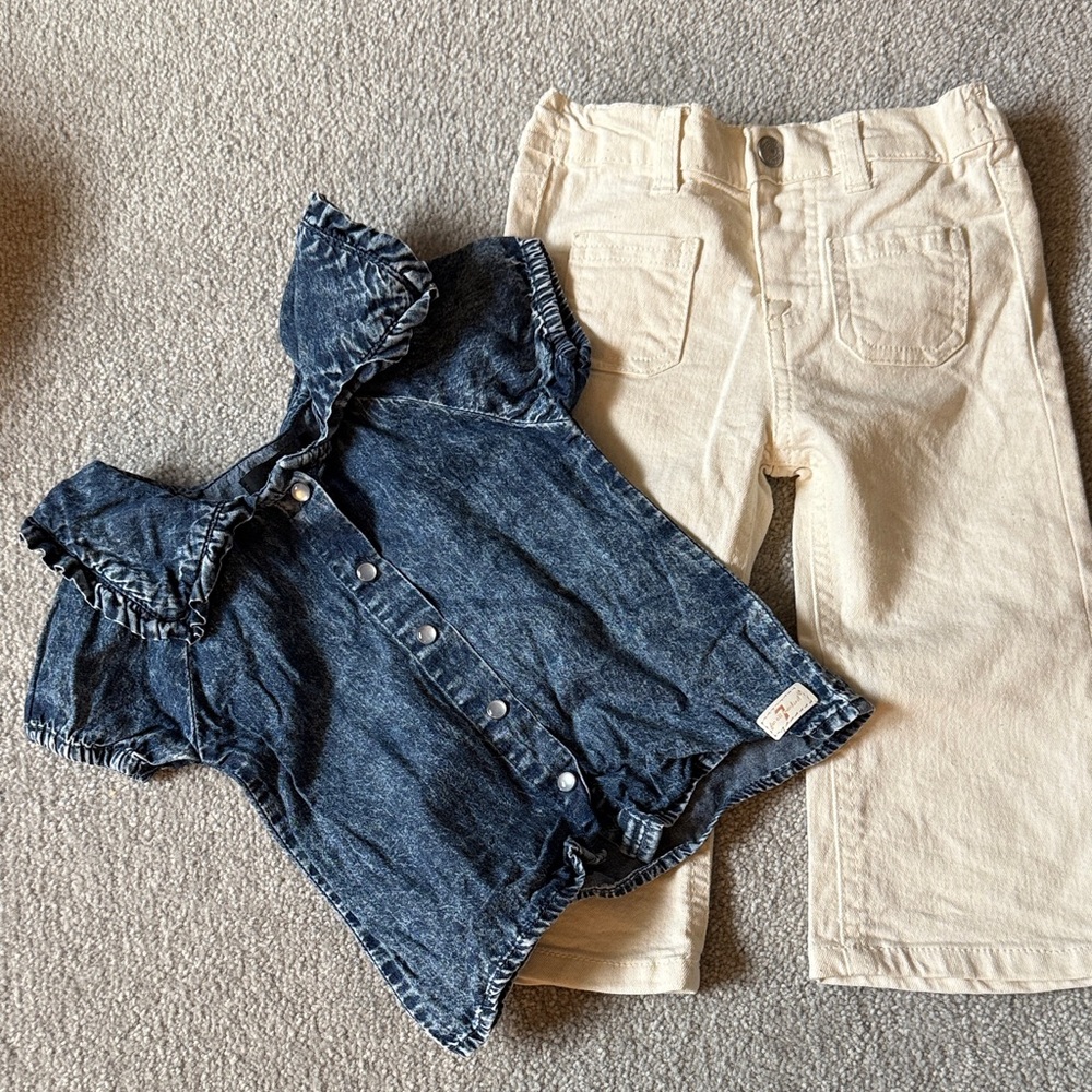 Denim Top and Cream Pants Set